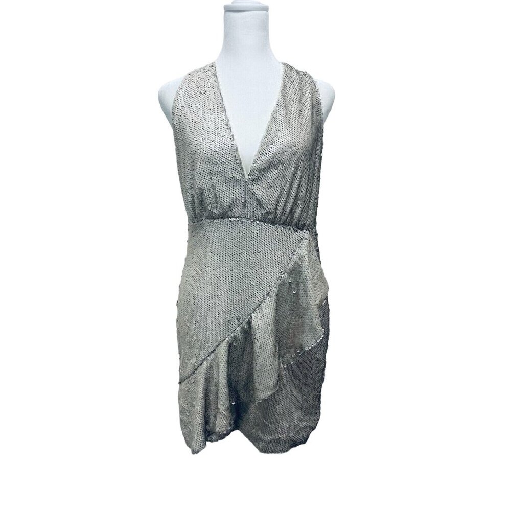 DO+BEl Women's Sequin Halter Ruffle Mini Dress Size M Beige NEW